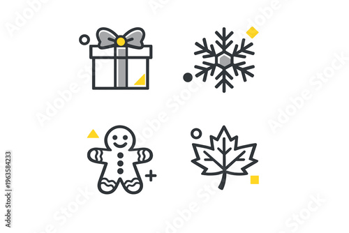 Festive symbols show gift, snowflake, gingerbread man, and leaf in simple design for winter celebrations in cozy season