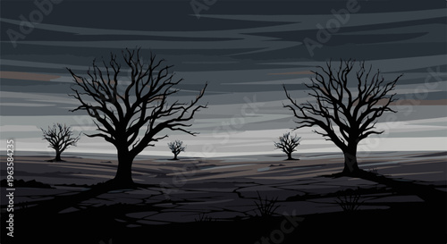 Pixel art landscape of barren trees against a stormy, cloudy sky