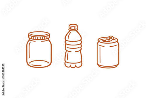 Various containers on a plain background showing a jar, a plastic bottle, and a soda can for recycling ideas