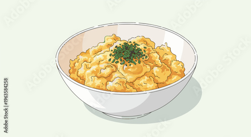 A white bowl filled with fluffy scrambled eggs and topped with fresh green herbs