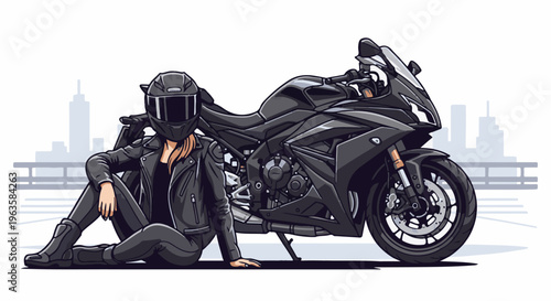 Pixel art of a woman in motorcycle gear sitting by a black sportbike with city skyline