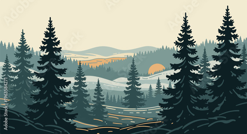 Pixelated forest landscape with layered evergreen trees and hills