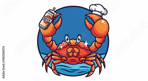 Animated crab chef holding a beer can and wearing a chef hat