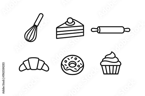 Whisk, cake, rolling pin, croissant, donut, and cupcake arranged on a plain background showing baking tools and treats