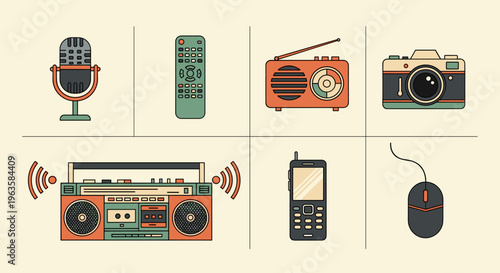Collection of vintage electronic devices and gadgets in a flat design style