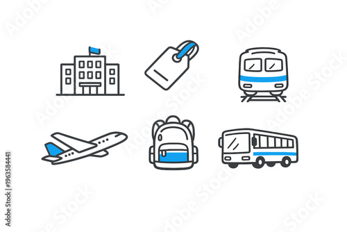Travel-related icons representing various modes of transportation and travel items for planning a trip