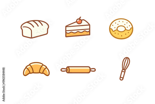 Baking tools and assorted baked goods arranged on a simple background for a cooking activity