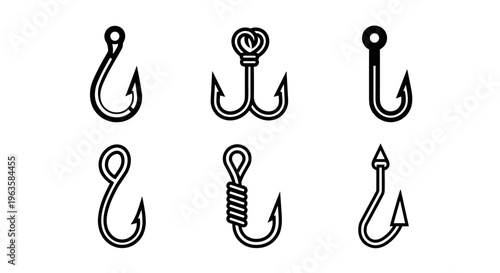 Collection of six different fishing hook icons in a simple black and white line art style