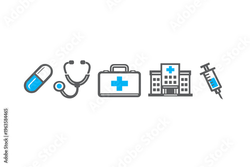 Health symbols show medical tools and equipment often found in hospitals or clinics during healthcare activities