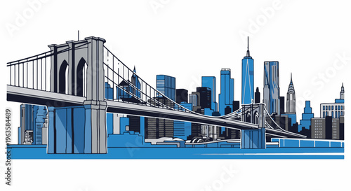 Stylized cityscape with iconic bridge and tall buildings against white background
