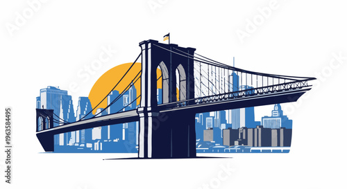 Stylized illustration of a suspension bridge against a city skyline at sunset