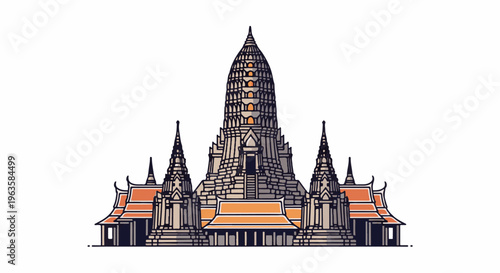 Stylized illustration of a grand, multi-tiered ancient stone temple with orange roofs