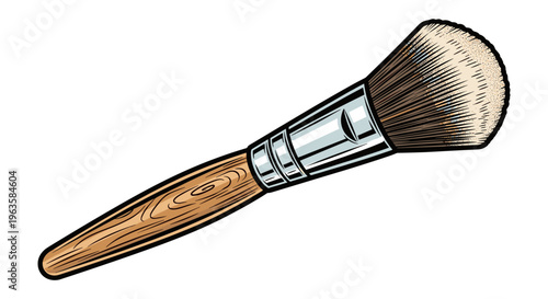 Stylized illustration of a makeup brush with a wooden handle and metal ferrule