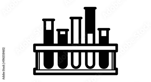 Set of laboratory test tubes in a rack, simple black and white graphic icon