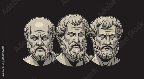 Three ancient Greek philosophers' busts on a black background