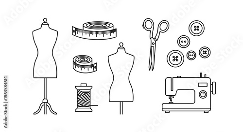 Collection of sewing and tailoring tools and supplies, line art illustration