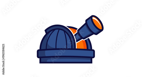 Cartoon observatory dome with telescope pointing upwards, isolated on white background