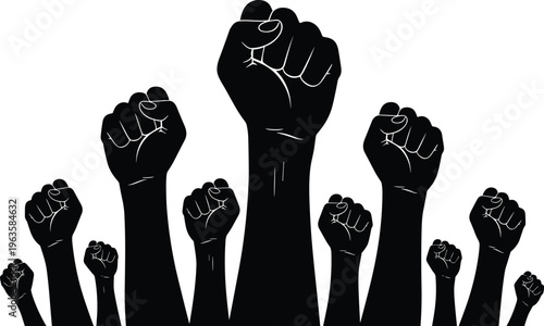 Group of Raised Fists Silhouette Representing Protest Unity Strength and Human Rights Activism for Social Justice and Equality Campaign Design