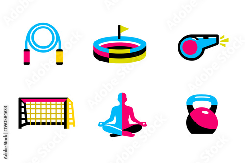 Various fitness and sports symbols showing activities like jumping rope, meditation, and playing sports at a gym