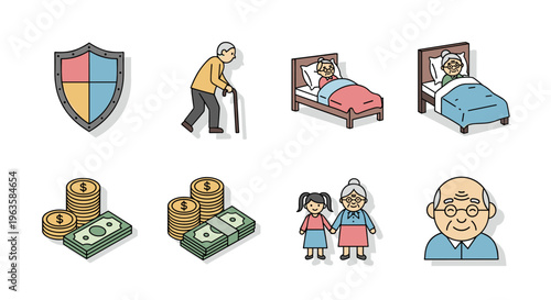 Elderly care icons representing financial security, health, and family support