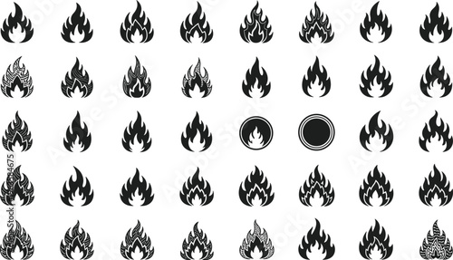 Large Collection of Black Fire and Flame Silhouette Icons Featuring Various Shapes for Hot Spicy Food Heat Energy and Branding