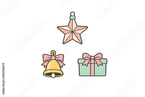 Colorful holiday decorations hang together in a festive arrangement showing a star, bell, and gift box in a simple design
