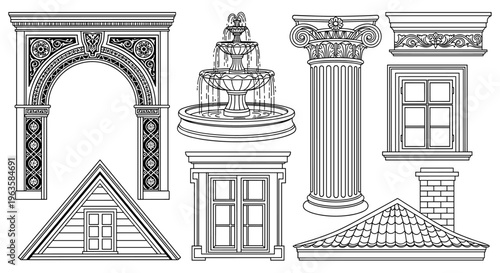 Collection of architectural elements and decorative building features in black and white line art