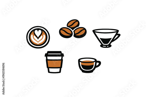 Coffee icons with different types of cups and coffee beans placed on a plain background