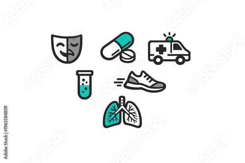 Health and wellness elements including medical symbols and fitness activities shown in a simple graphic design