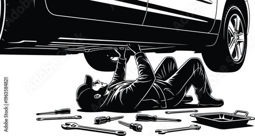 Professional Male Mechanic Lying Under a Car Repairing the Chassis with Wrenches and Screwdrivers for Automotive Service Garage Maintenance