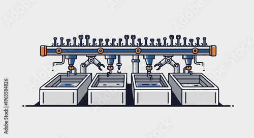 Automated assembly line with robotic arms over processing tanks