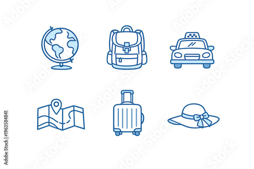 Travel items for planning a trip, including a globe, backpack, taxi, map, suitcase, and hat