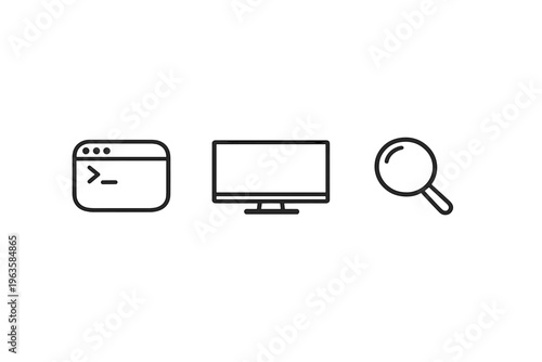 Icons representing computer programming, desktop display, and web search in a digital environment for tech-related concepts and tasks
