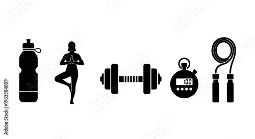 Collection of black fitness icons including a water bottle, yoga pose, dumbbell, stopwatch, and jump rope