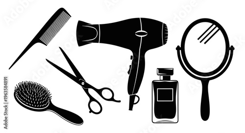 Collection of black silhouette beauty and hair salon tools on a white background
