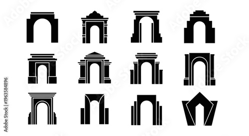 Collection of twelve distinct triumphal arch silhouette icons on a white background