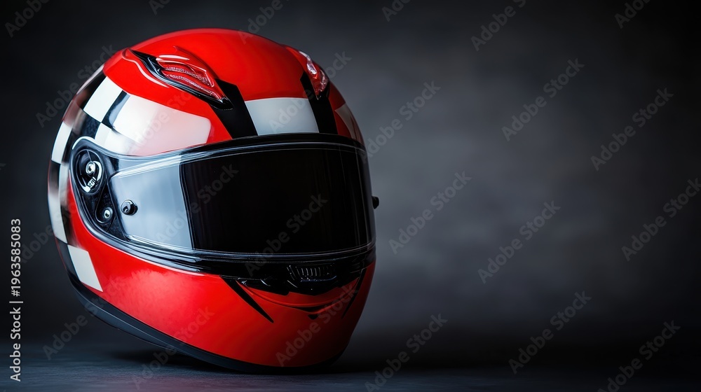 Fototapeta premium Vibrant Red Racing Motorcycle Helmet with Dark Visor displayed dramatically