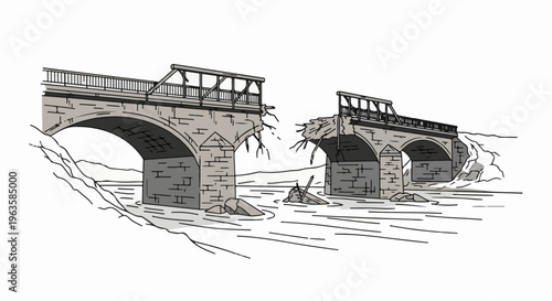 A stone arch bridge collapses in the middle over a body of water