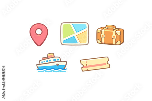 Travel plans include a map, a suitcase, a ticket, a location pin, and a boat showing activities during a trip or vacation