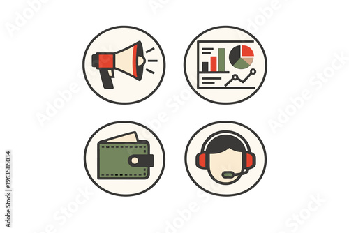 Marketing tools for business growth in a graphical format showing communication, statistics, finance, and support systems