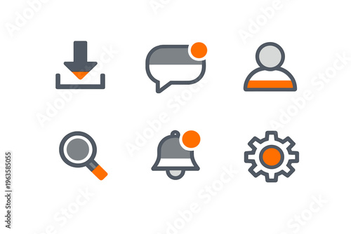 Icons for user interface with download, chat, user, search, notification, and settings buttons