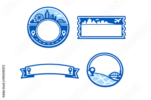 Various graphic designs showing circular and rectangular frames for city views and travel themes with blue color scheme