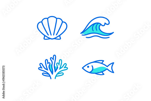 Ocean life symbols displayed with a shell, wave, coral, and fish in blue color scheme created for design and illustration purposes