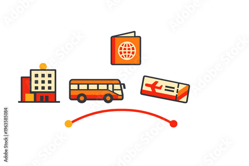 Travel plans include hotel, bus, passport, and flight ticket for a journey to a new destination