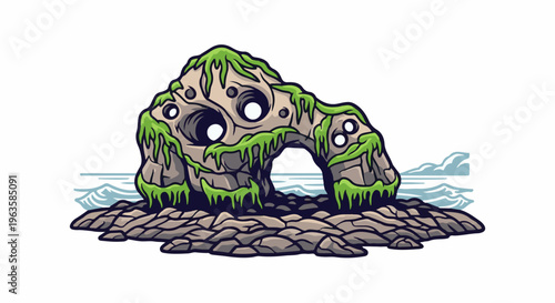 Stylized moss-covered rock arch formation with water and sky background