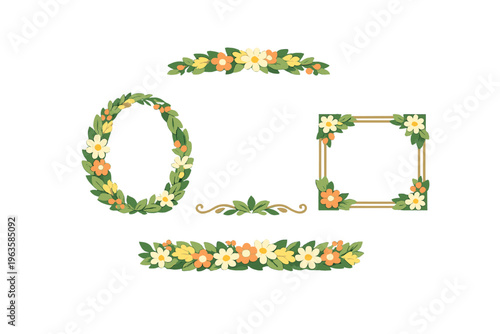 Decorative flower frames and borders in green and orange color scheme for design projects