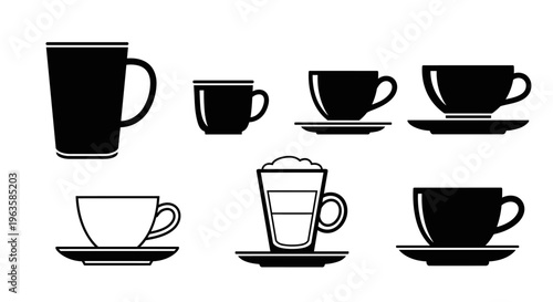 Collection of various black coffee cups and mugs in simple icon style