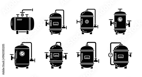 Collection of industrial pressure vessel and tank icons with valves and gauges