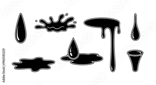 Collection of black liquid drips, splashes, and puddles in a cartoon style