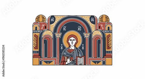 Stylized religious icon with figure holding book and surrounded by architectural elements